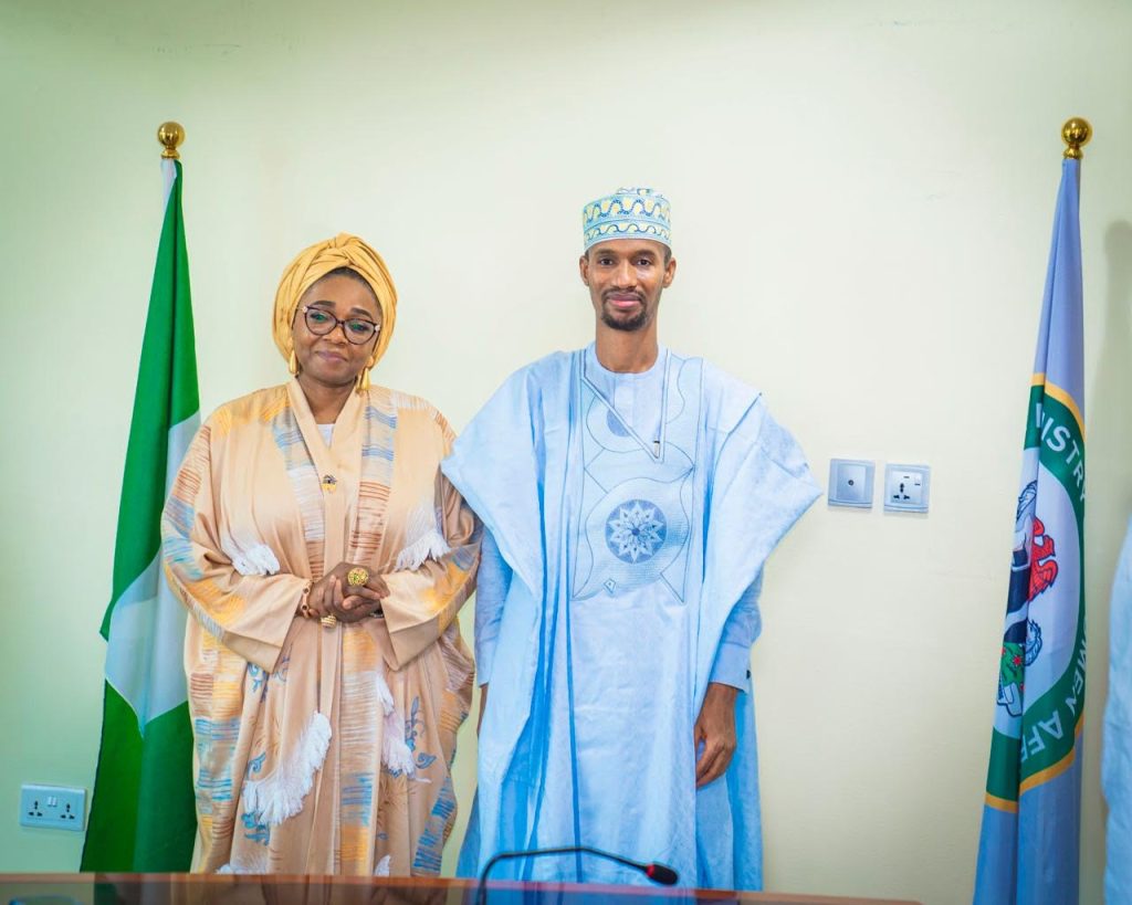 Minister of Women Affairs and Social Development Imaan Suleiman-Ibrahim with Managing Director of Oil and Gas Free Zones Authority (OGFZA) Bamanga Usman Jada, when latter paid a courtesy call to her office