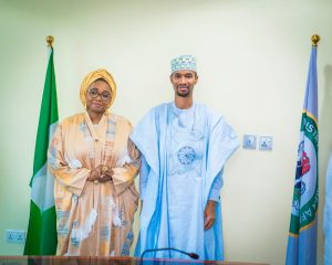 Minister of Women Affairs and Social Development Imaan Suleiman-Ibrahim with Managing Director of Oil and Gas Free Zones Authority (OGFZA) Bamanga Usman Jada, when latter paid a courtesy call to her office