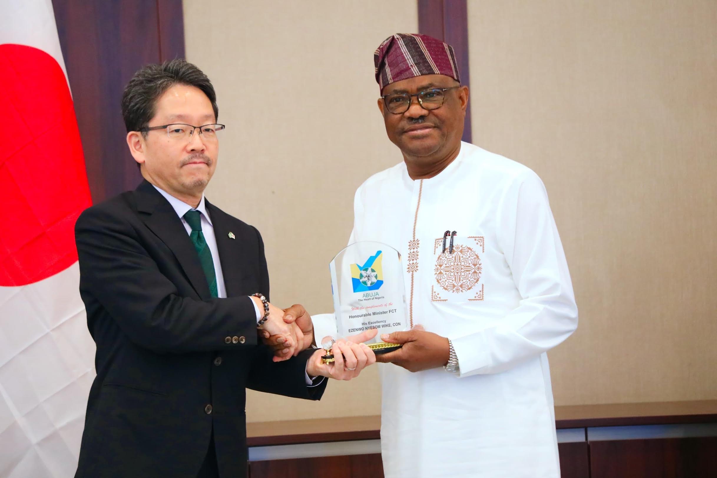 Japan Ambassador to Nigeria,  Suzuki Hideo and FCT Minister Nyesom Wike, during courtesy visit to the latter in Abuja on Tuesday