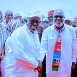 Newly elected state party chairman Chief Solomon Arenyeka being congratulated by Governor Sheriff Oborevwori on Tuesday