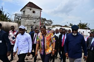 Gov. Otu (middle) flanked by his  Chief of Staff Emmanuel Ironbar and his  Special Adviser on General Duties Ekpenyong Akiba during the inspection