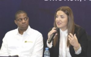 Group Executive Director, Mikano Motors, Joelle Haykal (r), speaking on the partnership with Autochek Africa at a press briefing hosted by the leading mobility provider at its showroom, Victoria Island, Lagos, on Friday, February 27, 2026. With her is the CEO of Autochek Africa, Mr. Etop Ikpe