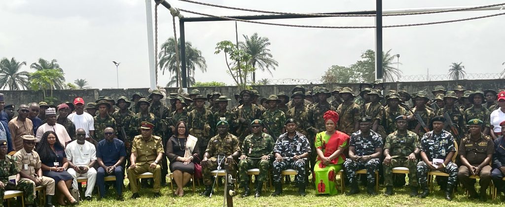The Commander 63 Brigade/Headquarters, Sector 1 Joint Task Force South- South OPDS, Brigadier General Moronfolu Shonibare,flanked by other guests and officials of sister agencies and the newly graduated recruits at the weekend event