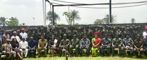 The Commander 63 Brigade/Headquarters, Sector 1 Joint Task Force South- South OPDS, Brigadier General Moronfolu Shonibare,flanked by other guests and officials of sister agencies and the newly graduated recruits at the weekend event