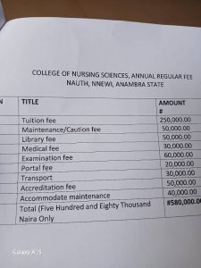 Increase fees at College of Nursing at Nnamdi Azikiwe University Teaching Hospital (NAUTH)