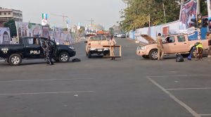 Security checkpoint at Eagle Square in Abuja, Nigeria, ahead of the All Progressives Congress (APC) National Convention on Friday, March 27, 2026
