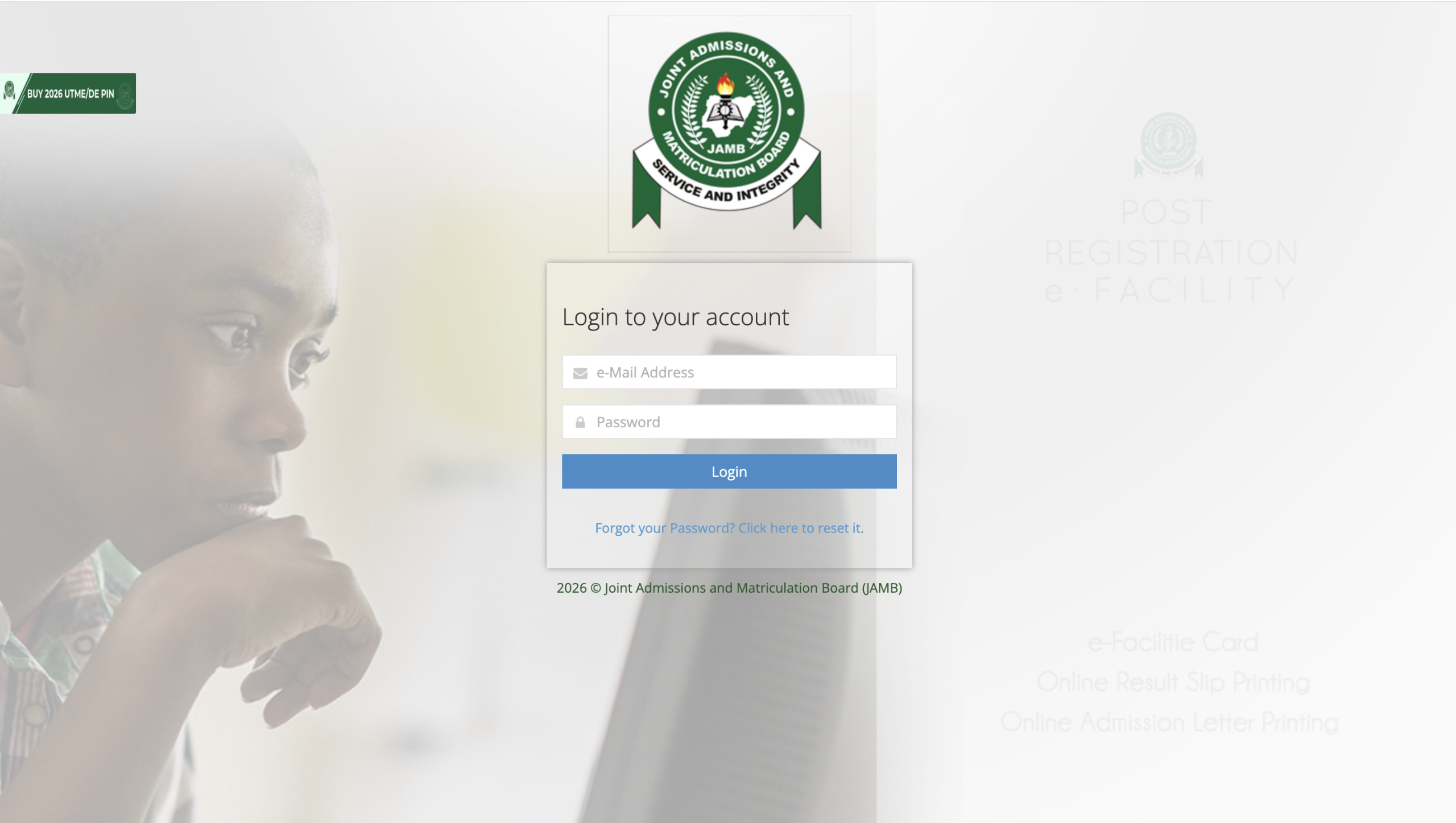 JAMB EFACILITY HOME PAGE