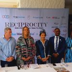 Yemisi Fajimolu, Chief of Staff (Federal Palace Hotel); Dave Fowler, Head of Digital (The Guardian); Anita Ibru, Executive Director/Chief Strategy Officer, Global; Alex‑Ibru, Publisher; Kehinde Ogundare, Head (Zoho Nigeria); and Dere Oritsejafor‑Ereku, , at the press conference. Photo: Margaret Osazuwa