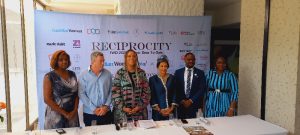 Yemisi Fajimolu, Chief of Staff (Federal Palace Hotel); Dave Fowler, Head of Digital (The Guardian); Anita Ibru, Executive Director/Chief Strategy Officer, Global; Alex‑Ibru, Publisher; Kehinde Ogundare, Head (Zoho Nigeria); and Dere Oritsejafor‑Ereku, , at the press conference. Photo: Margaret Osazuwa