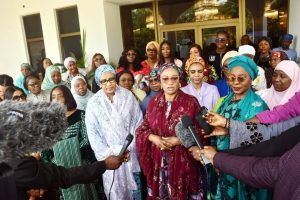 First Lady of Nigeria Oluremi Tinubu (m), the wife of the Vice President, Hajiya Nana Shettima (4th right); the wife of the Kwara state governor, Mrs Olufolake AbdulRasaq (2nd right), during the Renewed Hope initiative (RHI), 1st Quarter High Level Meeting with State First Ladies/RHI Coordinators, held at the Presidential Villa, Abuja, Thursday, March 5, 2026