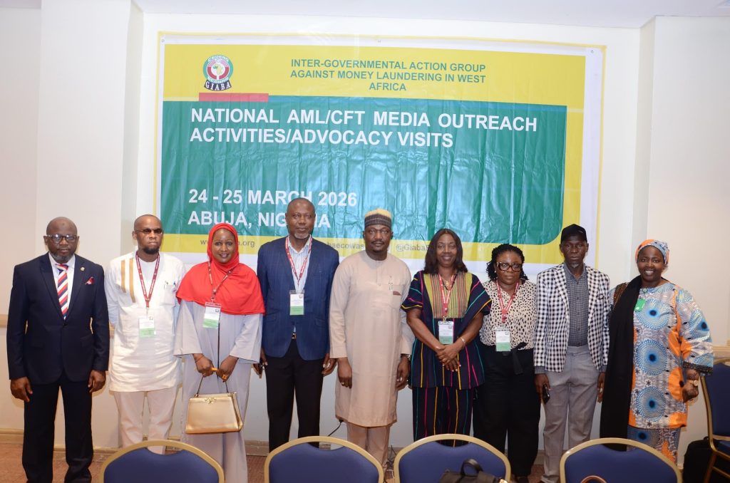 L-R: Gbola Adiamoh (GIABA), Ikechukwu Nnochiri of Vanguard Newspapers (Secretary), Nana Hauwa Musa of the News Agency of Nigeria (Financial Secretary), Lucky-Obewho Isawode of Channels Television (National Coordinator), Tim Melaye (GIABA Secretariat), Bridget Onochie of The Guardian (Deputy National Coordinator) Juliana Taiwo-Obalonye of The Sun Newspapers as Public Relations Officer; Usman Mohammad and Aishatu Bantam NFIU Head of Strategic Communication