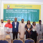 L-R: Gbola Adiamoh (GIABA), Ikechukwu Nnochiri of Vanguard Newspapers (Secretary), Nana Hauwa Musa of the News Agency of Nigeria (Financial Secretary), Lucky-Obewho Isawode of Channels Television (National Coordinator), Tim Melaye (GIABA Secretariat), Bridget Onochie of The Guardian (Deputy National Coordinator) Juliana Taiwo-Obalonye of The Sun Newspapers as Public Relations Officer; Usman Mohammad and Aishatu Bantam NFIU Head of Strategic Communication