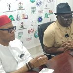 Dr. Festus Alenkhe, chairman, NUJ, Edo State council (l) and Washington Osifo (r) during a press briefing in Benin City