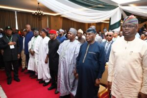 From left, Mr Peter Obi; Co-Chairman Organizing Committee, Dr Kashim Ibrahim Imam; Co-Chairman Organizing Committee, Prof Jerry Gana; National Secretary ADC, Ogbeni Rauf Aregbesola; National Chairman ADC, Senator David Mark; National Chairman PDP; Barr Kabiru Turaki; Former Vice President, Alhaji Atiku Abubakar and Oyo State Governor, Seyi Makinde, during the National Summit of Opposition Political Party Leaders, held at Banquet Hall, Government House, Ibadan (Photo credit: Oyo Gov’s Media Unit)
