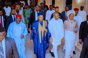 Vice President of the Federal Republic of Nigeria, Senator Kashim Shettima (2nd left), accompanied by Delta State Governor, Rt. Hon. Sheriff Oborevwori (left); Chairman of UBA Group and Founder/Chairman of Heirs Holdings, Mr. Tony Elumelu (2nd right); and his wife, Dr. Awele Elumelu (right), during the burial ceremony of Mr. Tony Elumelu’s father-in-law, the late Sir Israel Chinwuba Ogbue, held at Onicha-Olona, Aniocha North Local Government Area, on Saturday. (Photo credit: Bripin Enarusai)