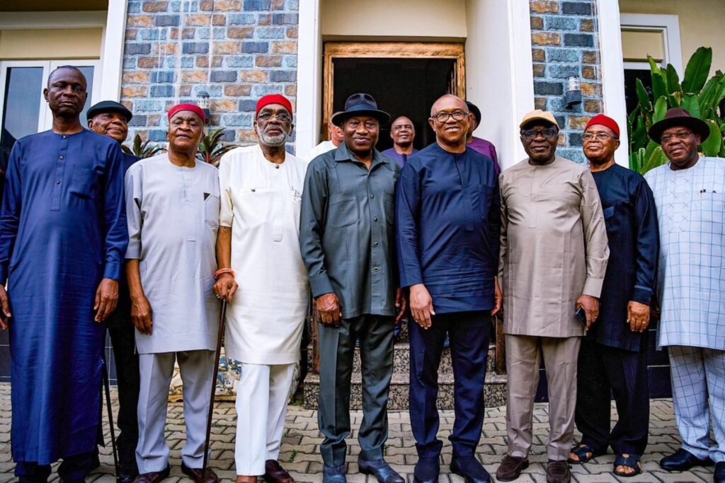 Former President Goodluck Jonathan, former Anambra governor and 2023 Labour Party (LP) presidential candidate, Peter Obi
