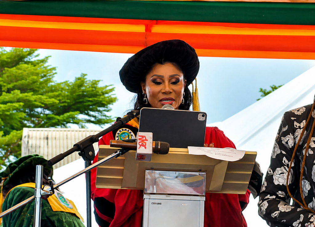 CBN deputy governor Ms Emem Usoro delivering an acceptance speech during award of an honorary PhD at AKSU , Akwa Ibom State