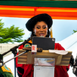 CBN deputy governor Ms Emem Usoro delivering an acceptance speech during award of an honorary PhD at AKSU , Akwa Ibom State