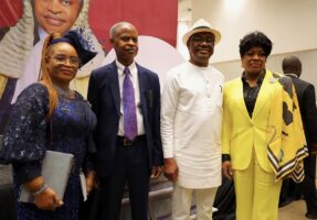 (R-L) Justice Eberechi Nyesom Wike, FCT Minister Nyesom Wike, Emmanuel C. Ukala and Dr. Catherine Emmanuel Ukala during the public presentation of the book Ukala’s Manual on Appellate Practice in Abuja on Wednesday, April 29, 2026