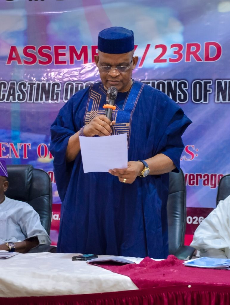 Newly elected chairman of the Broadcasting Organisations of Nigeria, BON,  Senior High Chief Tony Akiotu delivering his acceptance speech. He defeated chief Raymond Dokpesi jnr by 62 to 9 votes at the biennial election held in abuja this afternoon