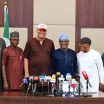 FCT Minister Nyesom Wike (3rd right) the Chief of Staff to the FCT Minister, Chidi Amadi (right) Chairman, Board of DAAR Communication Chief Raymond Dokpesi Jr (4th right) and some management staff of DAAR Communication during a courtesy visit by the organization to the FCTA on Tuesday, April 7, 2026