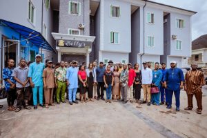 Delta State Director of Protocol, Government House, Asaba, Chief Sunday Onoriode, alongside Chief Press Secretary to the Governor, Sir Festus Ahon, Executive Assistant to the Governor on Students’ Affairs, Comrade Ezekiel Okoh, flanked by evacuated students of UniJOS, weekend
