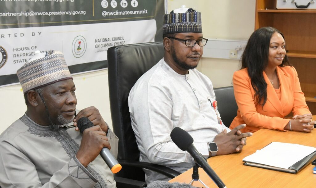 L-R: North West Development Commission (NWDC) Managing Director Shehu Ma’aji, Senior Special Assistant Abdullahi Yakasai and Summit lead consultant Dr. Mea Boykins briefing newsmen on the upcoming high-level North-West Climate Summit, August 4, 2026