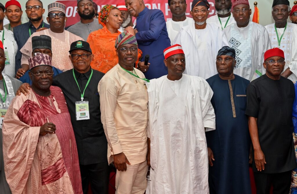 From left, Former Governor, Niger State, Alhaji Aliyu Babagida; Mr Peter Obi; Oyo State Governor, Seyi Makinde; Alhaji Rabiu Musa Kwankwanso; Former Vice President, Alhaji Atiku Abubakar and ADC National Chairman, Senator David Mark, during the National Summit of Opposition Political Party Leaders, held at Banquet Hall, Government House, Ibadan (Photo credit: Oyo Gov’s Media Unit)