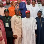 From left, Former Governor, Niger State, Alhaji Aliyu Babagida; Mr Peter Obi; Oyo State Governor, Seyi Makinde; Alhaji Rabiu Musa Kwankwanso; Former Vice President, Alhaji Atiku Abubakar and ADC National Chairman, Senator David Mark, during the National Summit of Opposition Political Party Leaders, held at Banquet Hall, Government House, Ibadan (Photo credit: Oyo Gov’s Media Unit)