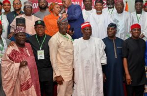 From left, Former Governor, Niger State, Alhaji Aliyu Babagida; Mr Peter Obi; Oyo State Governor, Seyi Makinde; Alhaji Rabiu Musa Kwankwanso; Former Vice President, Alhaji Atiku Abubakar and ADC National Chairman, Senator David Mark, during the National Summit of Opposition Political Party Leaders, held at Banquet Hall, Government House, Ibadan (Photo credit: Oyo Gov’s Media Unit)