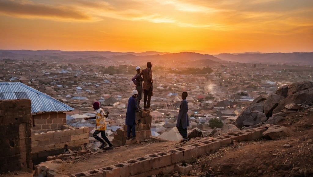 Men look at the sunset on the top of Zinariya hills, in Jos, on February 28, 2025