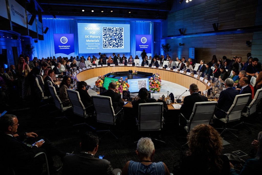 A meeting of the World Bank Development Committee during the International Monetary Fund (IMF) and World Bank Spring meetings at the IMF headquarters in Washington, DC, US, on Thursday, April 16, 2026. The International Monetary Fund downgraded its growth projection for the year after the war in the Middle East triggered a major oil shock and included the possibility of a downturn if the conflict drags on and energy infrastructure is severally damaged. Photographer: Samuel Corum/Bloomberg via Getty Images