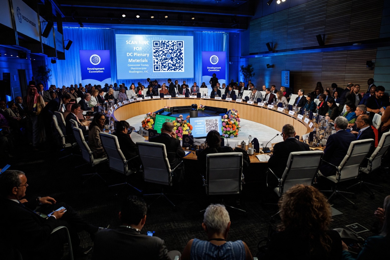 A meeting of the World Bank Development Committee during the International Monetary Fund (IMF) and World Bank Spring meetings at the IMF headquarters in Washington, DC, US, on Thursday, April 16, 2026. The International Monetary Fund downgraded its growth projection for the year after the war in the Middle East triggered a major oil shock and included the possibility of a downturn if the conflict drags on and energy infrastructure is severally damaged. Photographer: Samuel Corum/Bloomberg via Getty Images