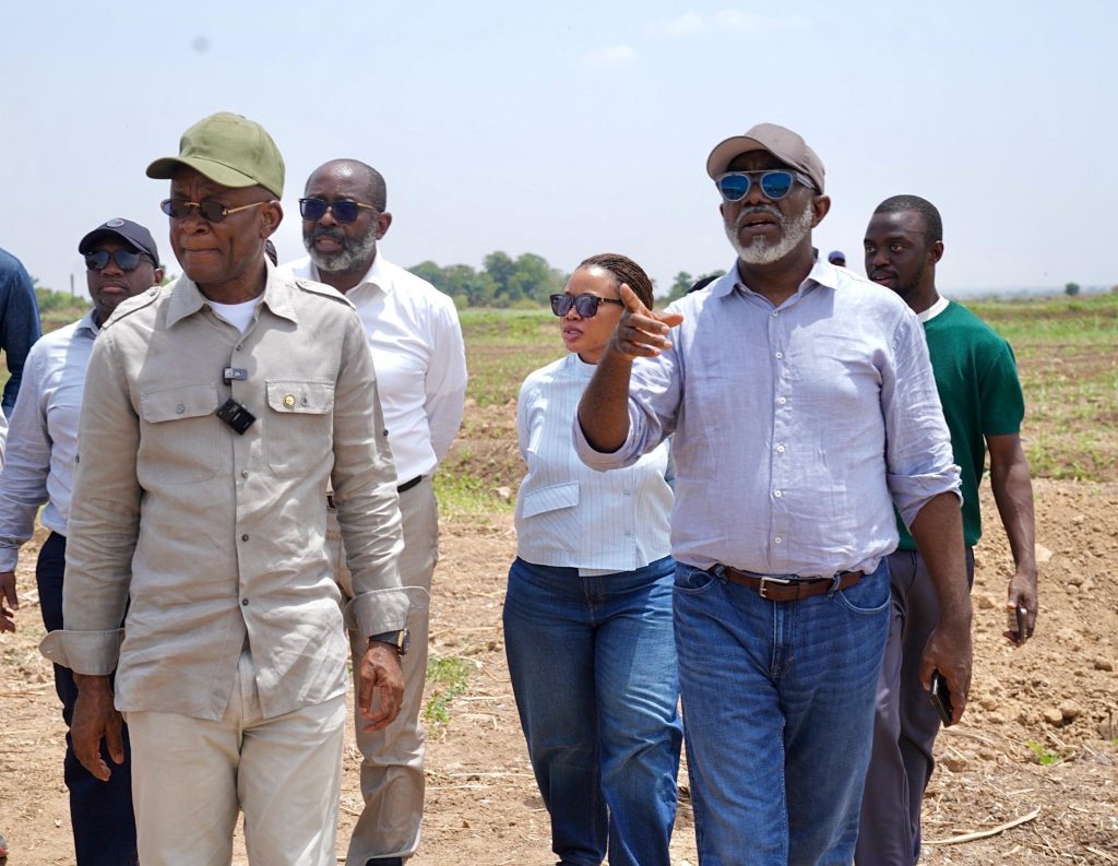 Minister of State for Industry, Senator John Owan Enoh (L), and the Executive Secretary/CEO of the National Sugar Development Council (NSDC), Mr. Kamar Bakrin (R), touring the Golden Sugar Company (GSC) Complex in Sunti, Niger state