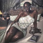 ‘Where She Rests, Ancestors Listen’ (acrylic on canvas, 48 x 48 inches, dated 2026) by Ernest Odofin Shina