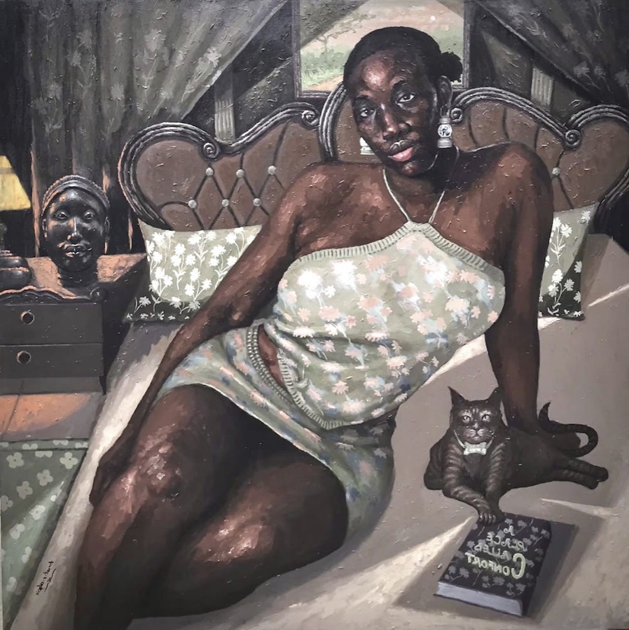 ‘Where She Rests, Ancestors Listen’ (acrylic on canvas, 48 x 48 inches, dated 2026) by Ernest Odofin Shina