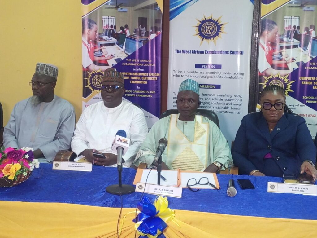 L-R: Director of Finance, Mr Abdusanmi Hamza; Senior Deputy Registrar, Test Administration, Suleman Kum; WAEC HNO, Dr Dangut; and Director, Information and Communication Technology Division, Mrs Olufolake Ajayi, at the CB-WASSCE briefing