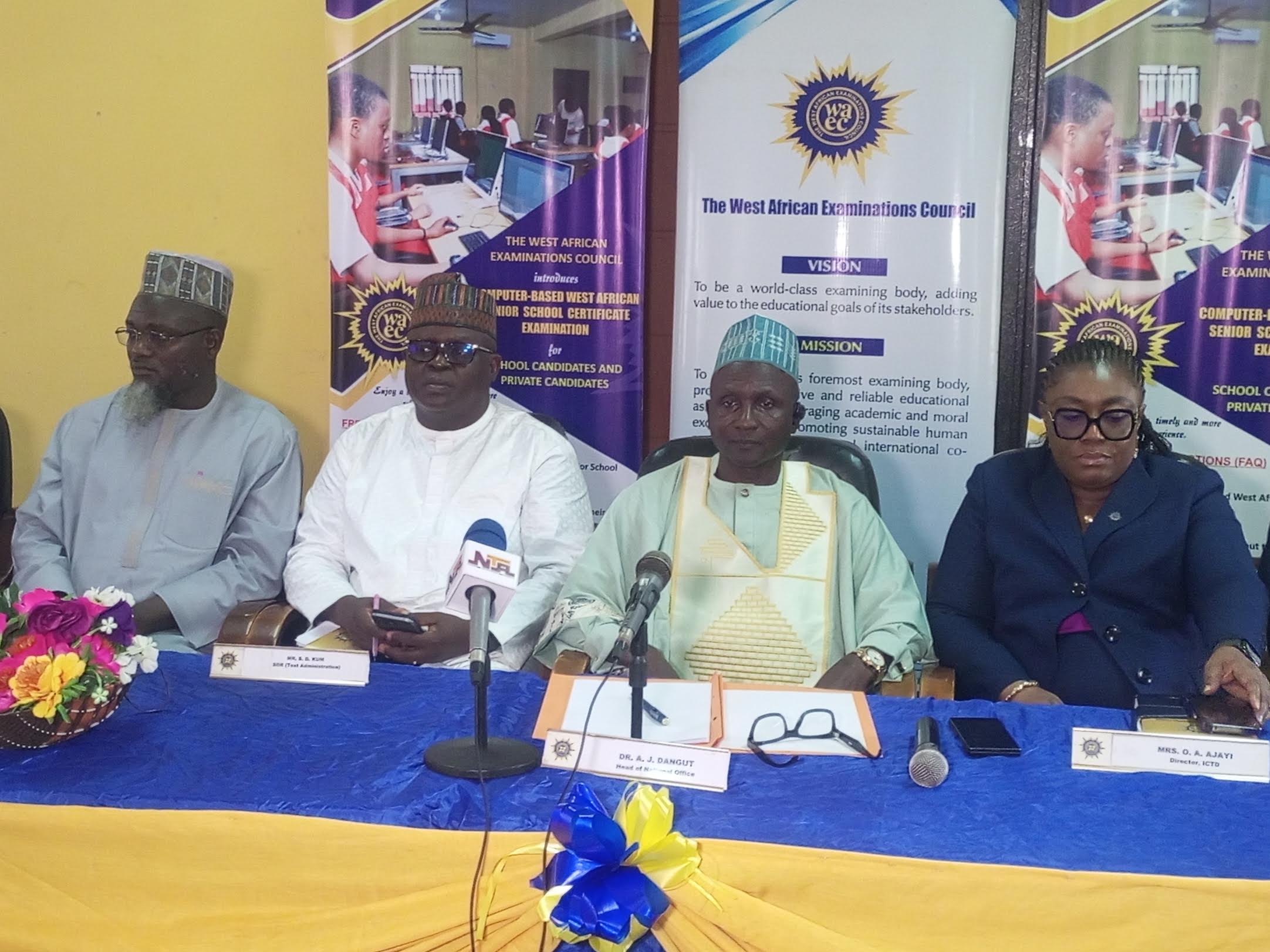 L-R: Director of Finance, Mr Abdusanmi Hamza; Senior Deputy Registrar, Test Administration, Suleman Kum; WAEC HNO, Dr Dangut; and Director, Information and Communication Technology Division, Mrs Olufolake Ajayi, at the CB-WASSCE briefing