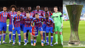 Collage-of-Crystal-Palace-line-up-before-a-match-against-Fiorentina-and-the-UEFA-Conference-League-trophy