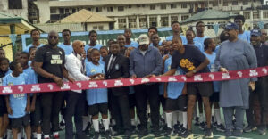 *Masai Ujiri and Giants of Africa at the unveiling of the 50th basketball court at the Kings College, Lagos resently