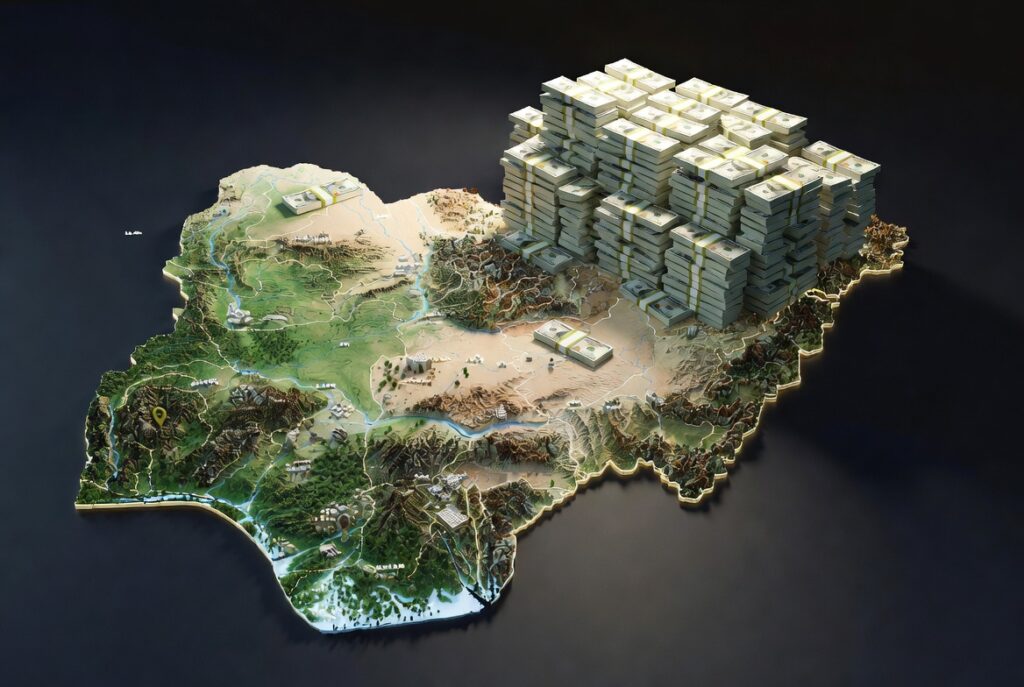 Nigeria map with stacks of dollar notes stacked on top of it – by Grok AI