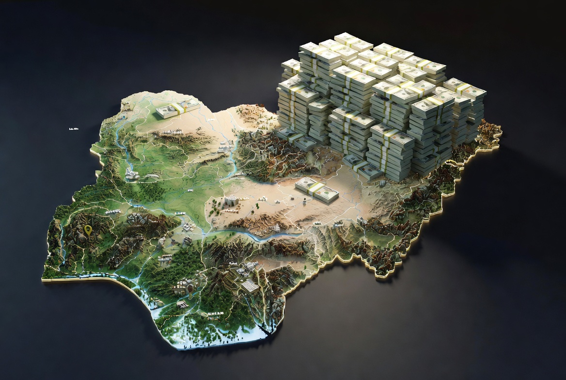 Nigeria map with stacks of dollar notes stacked on top of it – by Grok AI