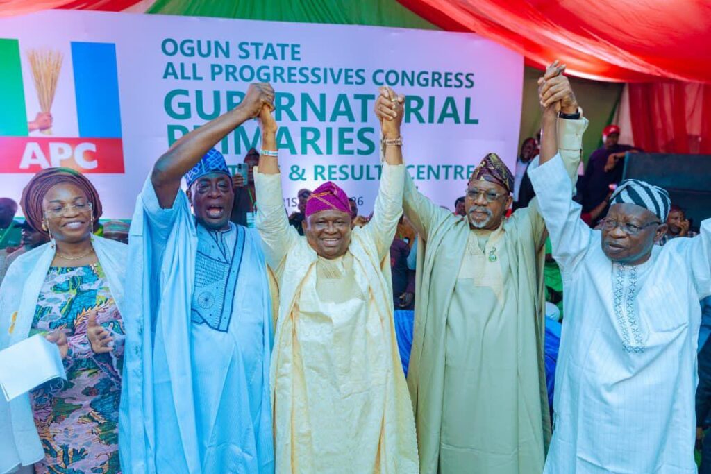 Ogun APC governorship candidate, Senator Solomon Olamilekan Adeola being officially presented at the party secretariat after his emergence