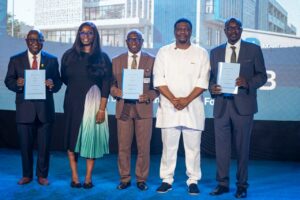 L-R: DVC of UNN, Prof. Usman; Vice President of Moniepoint, Nduka-Dike; VC of OAU, Prof.  Bamire; Co-founder of Moniepoint,  Eniolorunda, and DVC of ABU, Prof. at the launch Moniepoint Innovation Hubs at OAU campus, Ile-Ife, Osun State