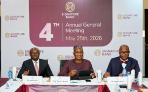 From left to right: Nixon Iwedi (Managing Director/Chief Executive Officer), Alhaji Tijani M. Borodo (Chairman, Board of Directors), Iwueze Ebere (AG. Company Secretary)