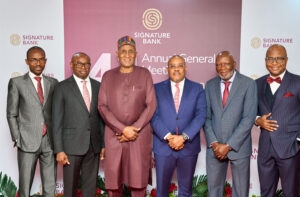 From left to right:  Jamiu Mogaji (Chief Audit Executive), Nixon Iwedu (Managing Director/Chief Executive Officer), Alhaji Tijani M. Borodo (Chairman, Board of Directors), Alex Anozie (Deputy Managing Director), Uzoma Nwankwo (Independent Non-Executive Director), Iwueze Ebere (Company Secretary)