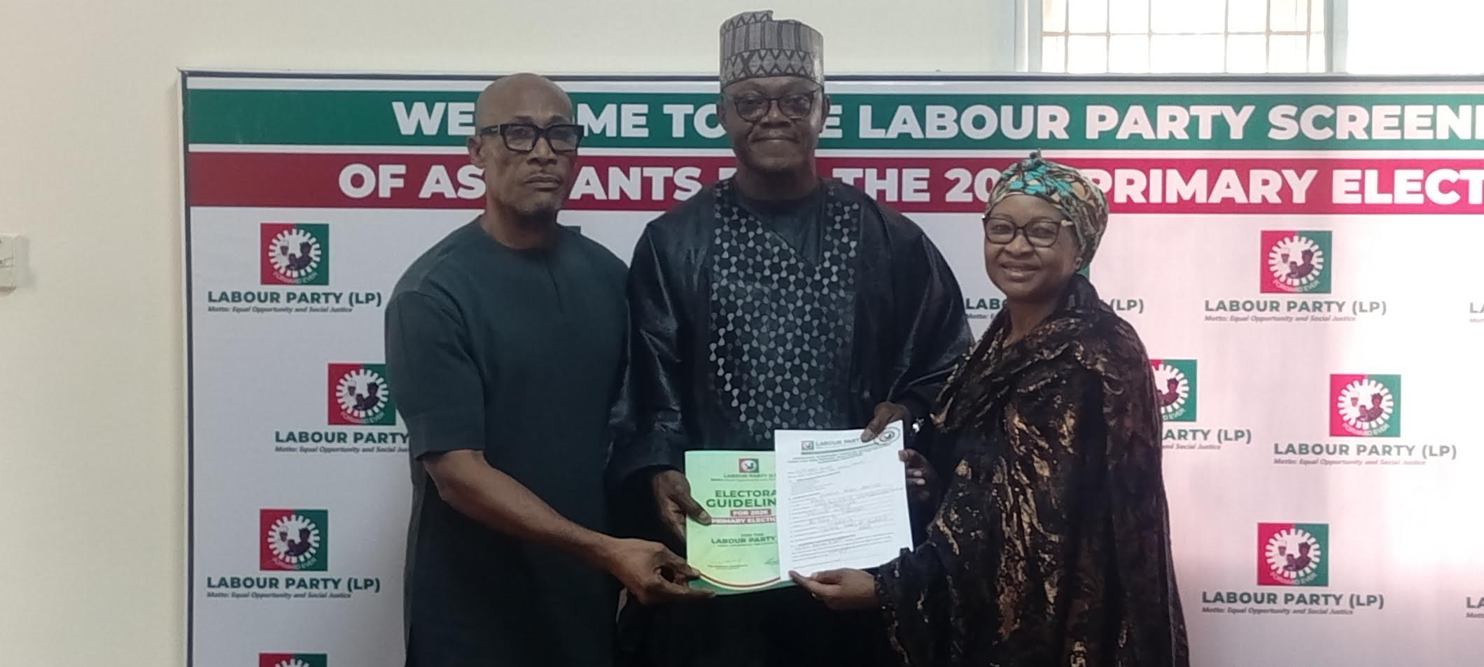 Presidential aspirant Dr. Peter Agada with the National Chairman Senator Nenadi Usman and National Secretary Obioma Iheanacho in the ongoing screening exercise