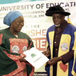Prof. Oloyede (right) presents a copy of the lecture to Prof. Lafiaji-Okuneye