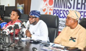 L-R: Permanent Secretary, Wealth Creation and Employment, Mrs. Lolade Aina; Commissioner for Wealth Creation and Employment, Hon. Akinyemi Bankole Ajigbotafe and the Permanent Secretary, Information and Strategy, Olanrewaju Bajulaiye at the Ministerial Press Briefing on Thursday. Demographics