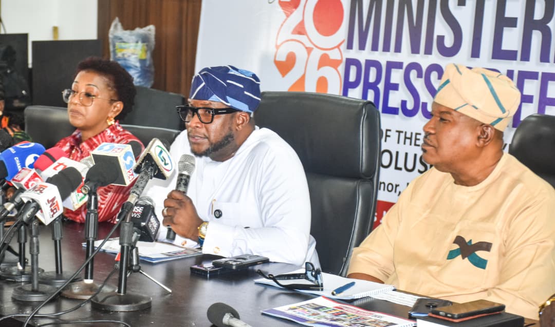 L-R: Permanent Secretary, Wealth Creation and Employment, Mrs. Lolade Aina; Commissioner for Wealth Creation and Employment, Hon. Akinyemi Bankole Ajigbotafe and the Permanent Secretary, Information and Strategy, Olanrewaju Bajulaiye at the Ministerial Press Briefing on Thursday. Demographics